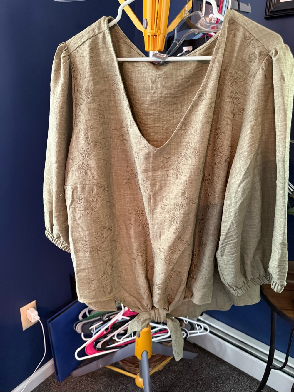 Tie-Hem V-Neck Blouse in Olive
